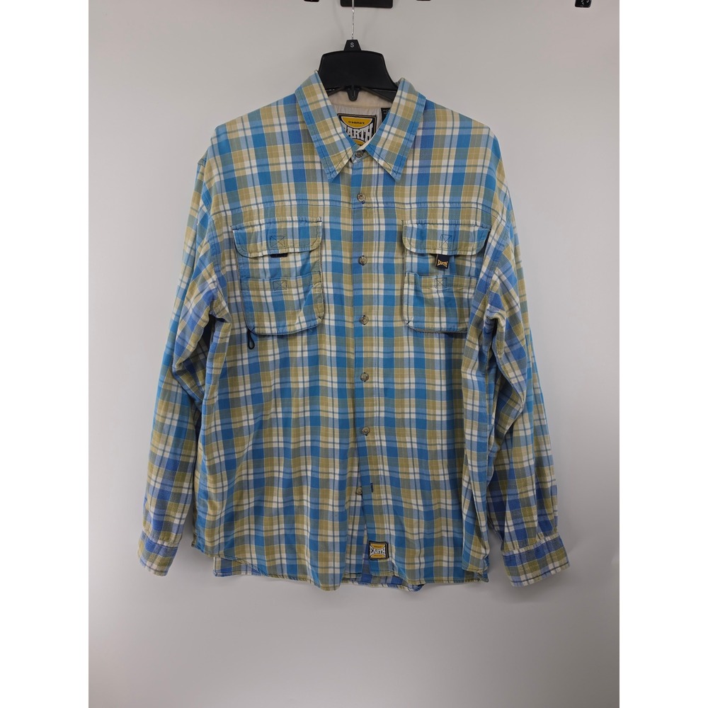 Planet Earth Mens Blue Green Plaid Long Sleeve Button Down Utility Shirt LG